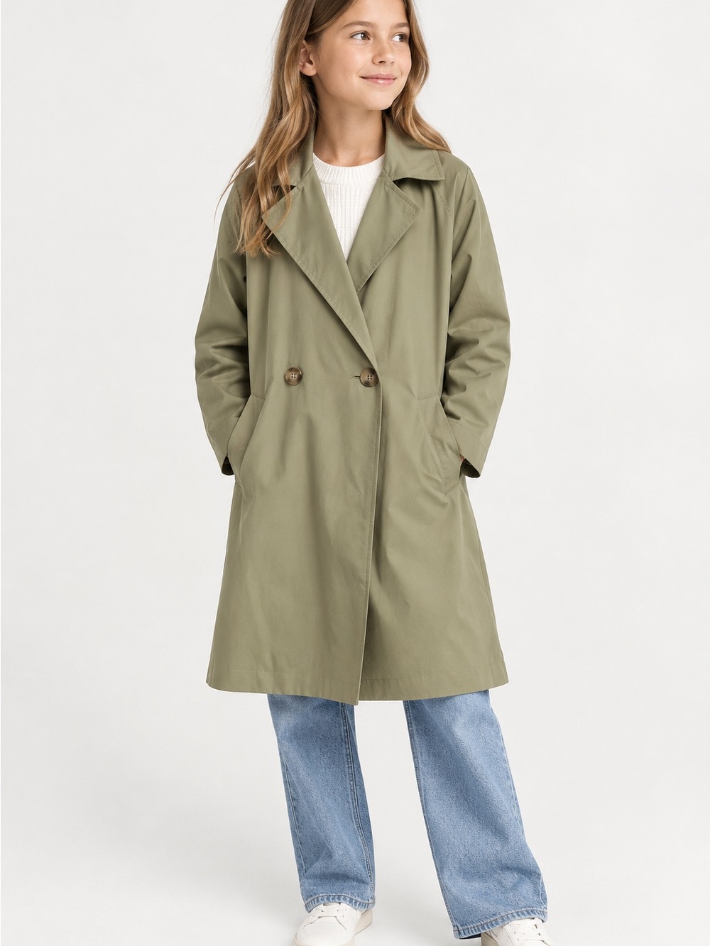 Zara Kids Light Olive Green Trench Coat Minimalist Classic